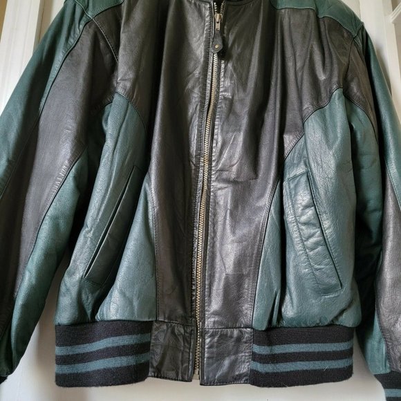 Vintage Toma Mens Leather Jacket Green Black Bomber Medium - Picture 3 of 11